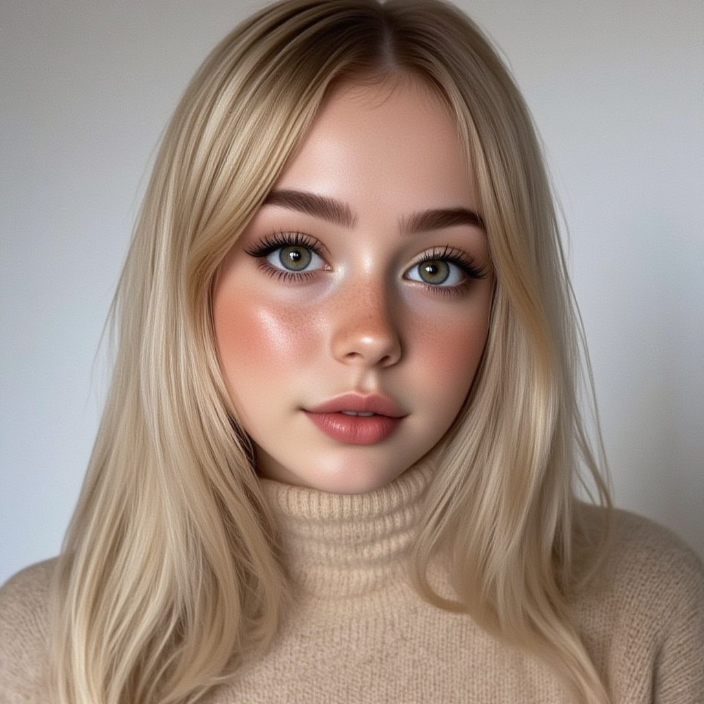 25 year old woman. Portrait photo of young woman. She wears beige outfit. Dark blonde straight hair,  brown eyes,  round f...