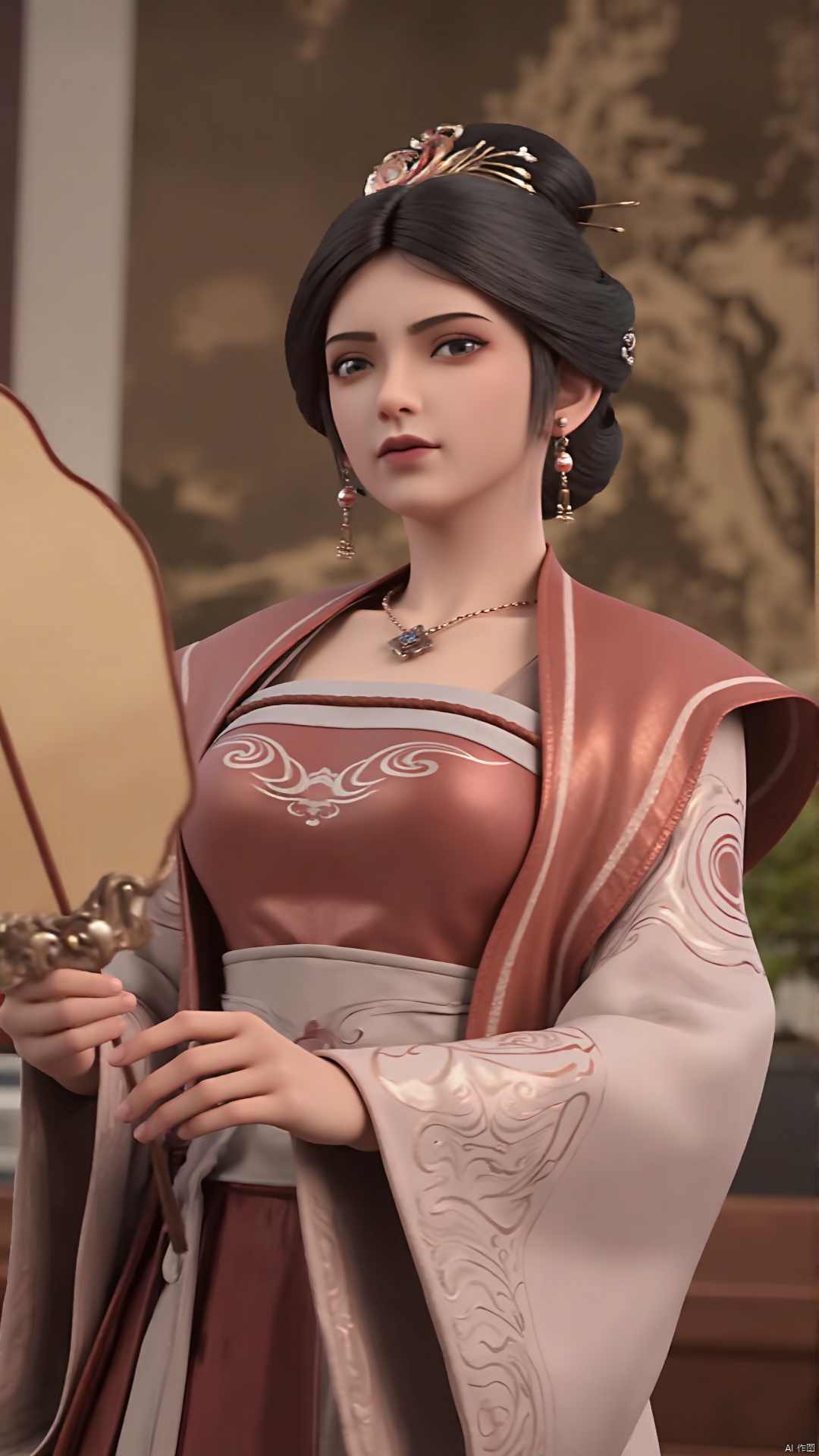 1girl,jewelry,chinese clothes,solo,earrings,black hair,necklace,hanfu,hair ornament,holding,dress,looking at viewer,upper body,realistic,long sleeves,wide sleeves,black eyes,,incredibly absurdres,wallpaper,,