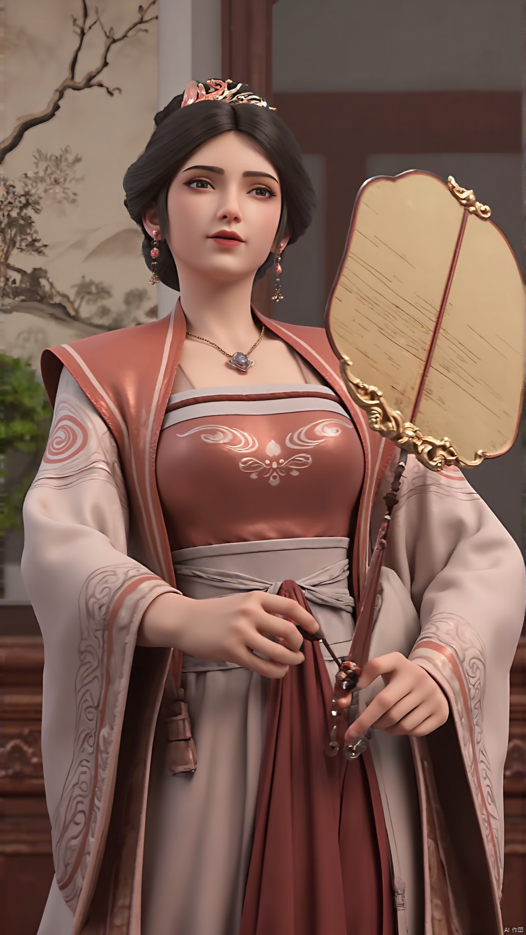 1girl,jewelry,chinese clothes,solo,earrings,black hair,necklace,hanfu,hair ornament,holding,dress,looking at viewer,upper body,realistic,long sleeves,wide sleeves,black eyes,,incredibly absurdres,wallpaper,,
