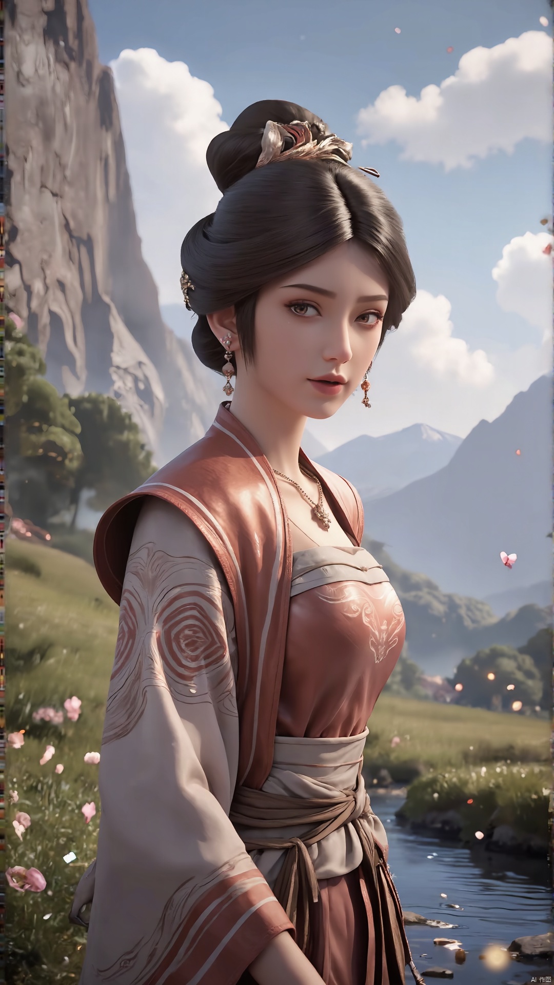 masterpiece,best quality,official art,extremely detailed CG unity 8k wallpaper,realistic,light rays,light particles,1girl,jewelry,solo,earrings,necklace,chinese clothes,hair ornament,black hair,looking at viewer,realistic,brown eyes,in a meadow,stream,mountain,cherry_blossoms,flower,outdoors,looking at viewer,cowboy shot,