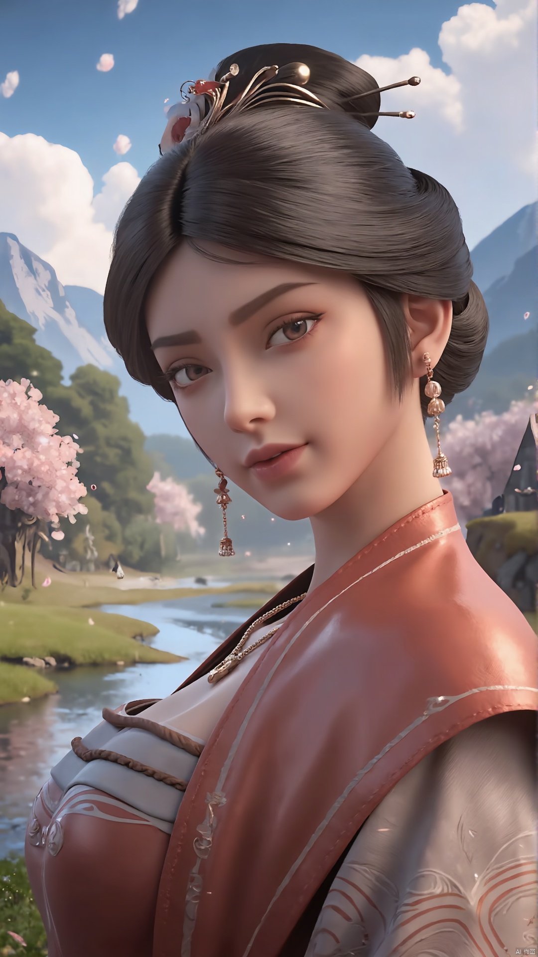 masterpiece,best quality,official art,extremely detailed CG unity 8k wallpaper,realistic,light rays,light particles,1girl,jewelry,solo,earrings,necklace,chinese clothes,hair ornament,black hair,looking at viewer,realistic,brown eyes,in a meadow,stream,mountain,cherry_blossoms,flower,outdoors,looking at viewer,cowboy shot,