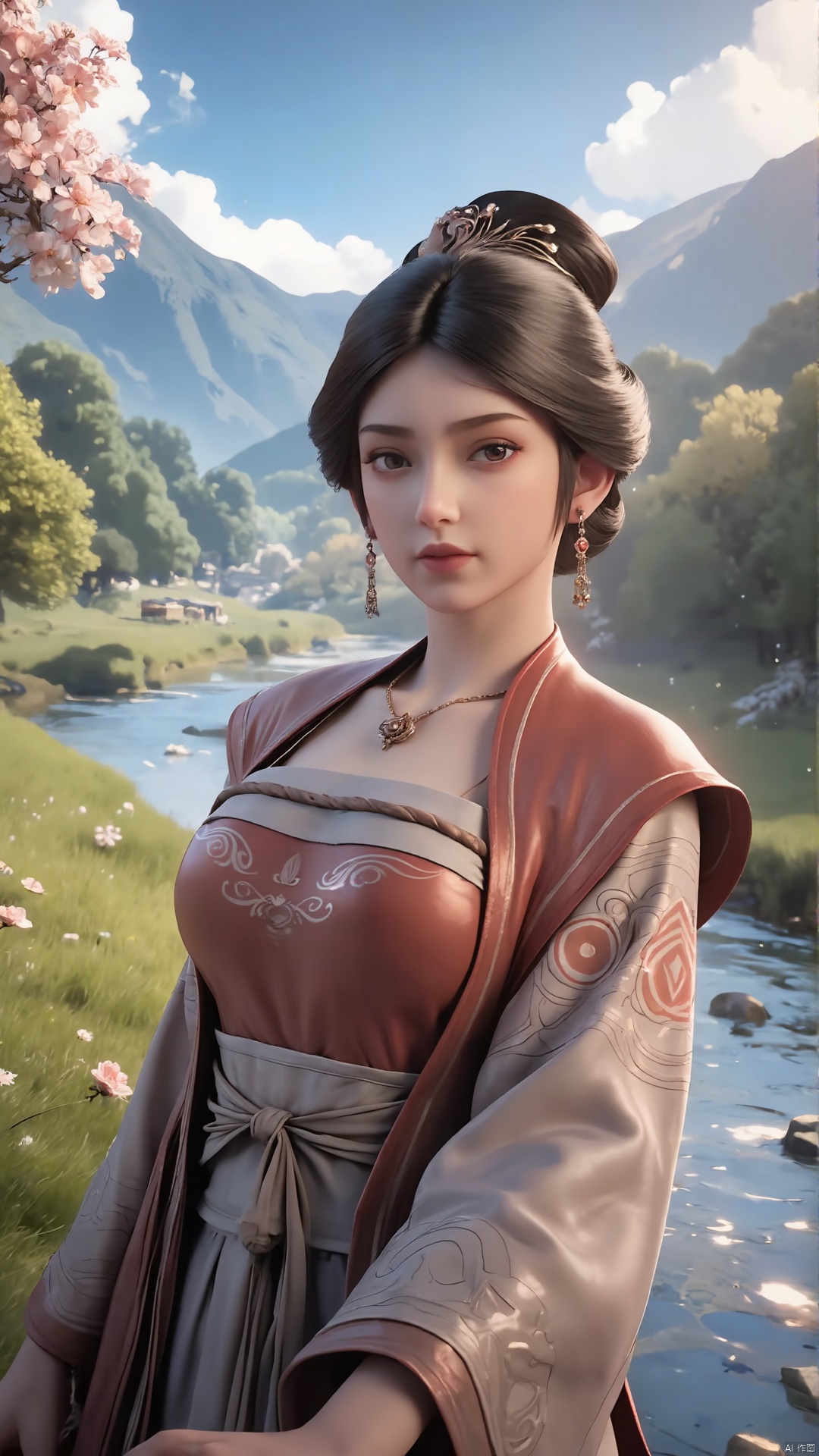 masterpiece,best quality,official art,extremely detailed CG unity 8k wallpaper,realistic,light rays,light particles,1girl,jewelry,solo,earrings,necklace,chinese clothes,hair ornament,black hair,looking at viewer,realistic,brown eyes,in a meadow,stream,mountain,cherry_blossoms,flower,outdoors,looking at viewer,cowboy shot,