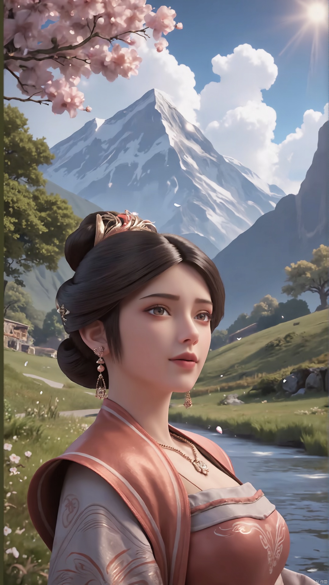 masterpiece,best quality,official art,extremely detailed CG unity 8k wallpaper,realistic,light rays,light particles,1girl,jewelry,solo,earrings,necklace,chinese clothes,hair ornament,black hair,looking at viewer,realistic,brown eyes,in a meadow,stream,mountain,cherry_blossoms,flower,outdoors,looking at viewer,cowboy shot,