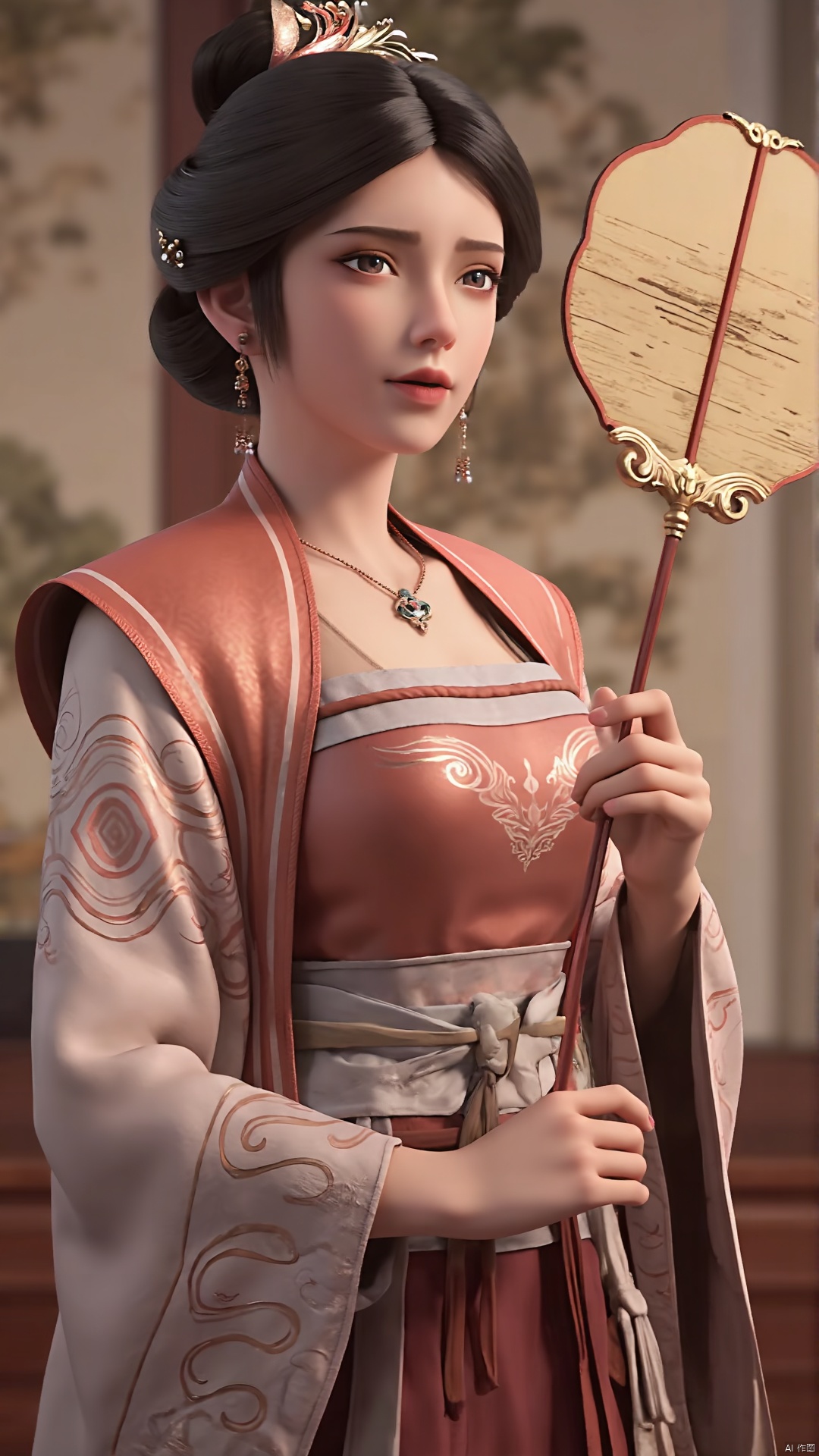 1girl,jewelry,chinese clothes,solo,earrings,black hair,necklace,hanfu,hair ornament,holding,dress,looking at viewer,upper body,realistic,long sleeves,wide sleeves,black eyes,,incredibly absurdres,wallpaper,,