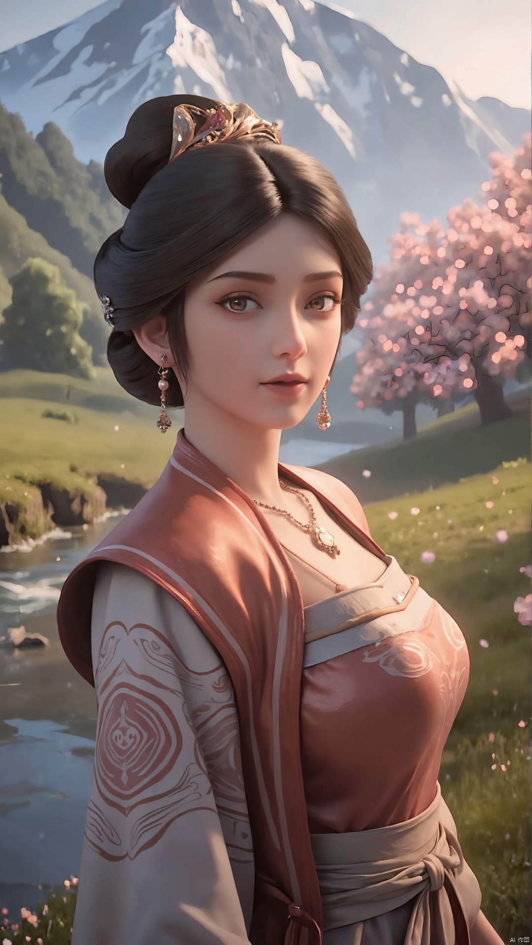 masterpiece,best quality,official art,extremely detailed CG unity 8k wallpaper,realistic,light rays,light particles,1girl,jewelry,solo,earrings,necklace,chinese clothes,hair ornament,black hair,looking at viewer,realistic,brown eyes,in a meadow,stream,mountain,cherry_blossoms,flower,outdoors,looking at viewer,cowboy shot,