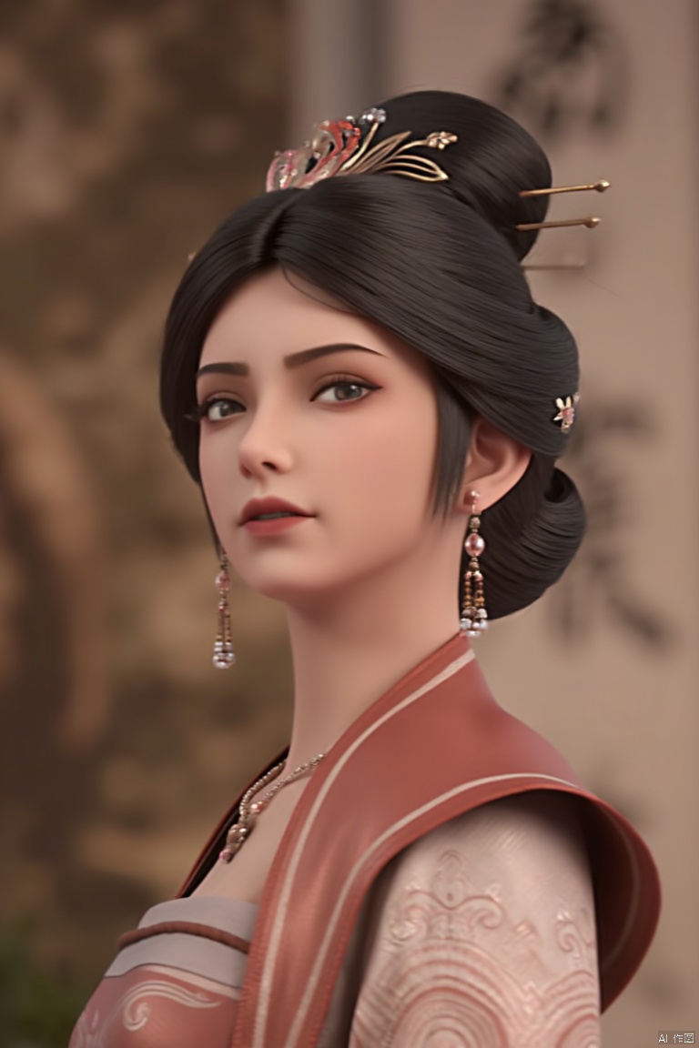 1girl,jewelry,solo,earrings,black hair,blurry background,necklace,chinese clothes,hanfu,looking at viewer,dress,blurry,wide sleeves,hair ornament,long sleeves,realistic,black eyes,breasts,hair bun,single hair bun,red lips,parted lips