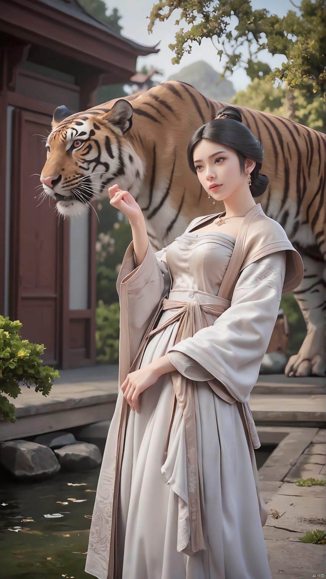 a woman in a long dress and a tiger in a garden, palace , a girl in hanfu, a beautiful fantasy empress, white hanfu, wearing ancient chinese clothes, ((a beautiful fantasy empress)), hanfu, traditional chinese clothing, with ancient chinese aesthetic, chinese fantasy, with acient chinese clothes, ancient chinese princess, ethereal beauty, chinese style, chinese princess