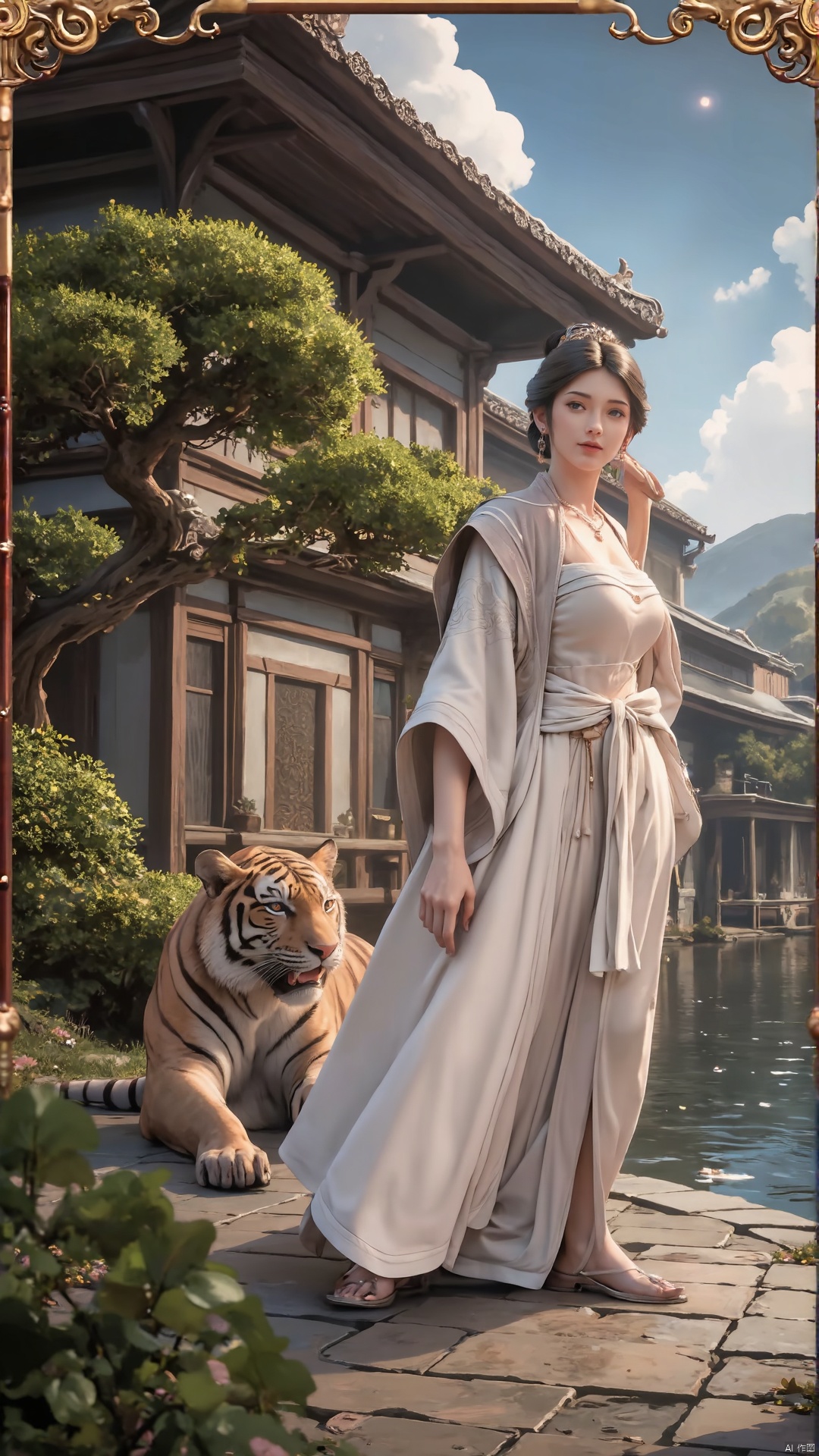 a woman in a long dress and a tiger in a garden, palace , a girl in hanfu, a beautiful fantasy empress, white hanfu, wearing ancient chinese clothes, ((a beautiful fantasy empress)), hanfu, traditional chinese clothing, with ancient chinese aesthetic, chinese fantasy, with acient chinese clothes, ancient chinese princess, ethereal beauty, chinese style, chinese princess