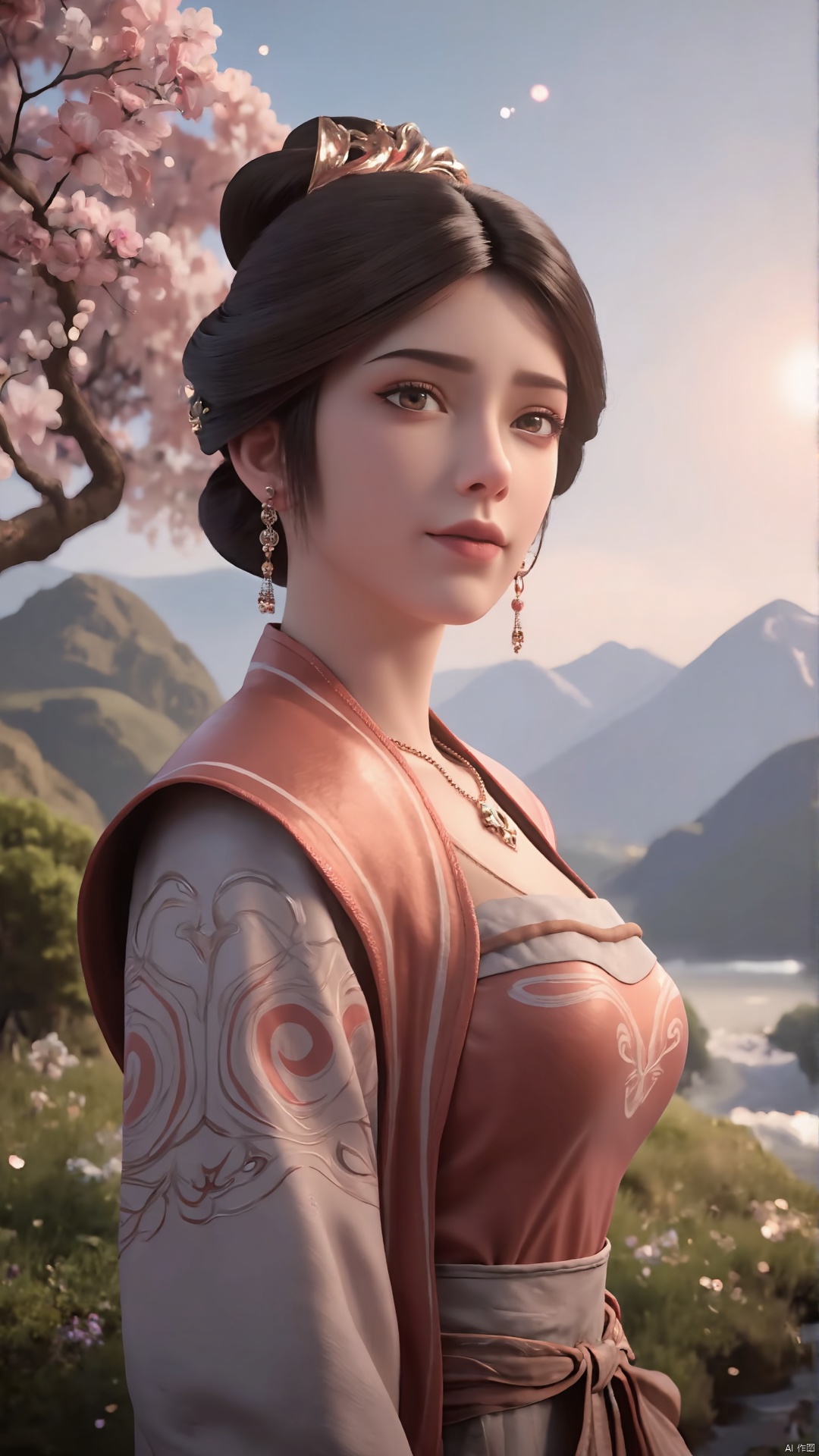 masterpiece,best quality,official art,extremely detailed CG unity 8k wallpaper,realistic,light rays,light particles,1girl,jewelry,solo,earrings,necklace,chinese clothes,hair ornament,black hair,looking at viewer,realistic,brown eyes,in a meadow,stream,mountain,cherry_blossoms,flower,outdoors,looking at viewer,cowboy shot,
