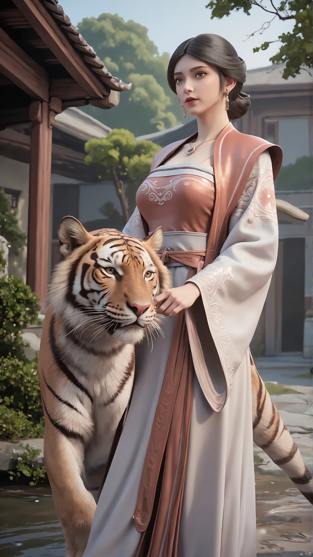 a woman in a long dress and a tiger in a garden, palace , a girl in hanfu, a beautiful fantasy empress, white hanfu, wearing ancient chinese clothes, ((a beautiful fantasy empress)), hanfu, traditional chinese clothing, with ancient chinese aesthetic, chinese fantasy, with acient chinese clothes, ancient chinese princess, ethereal beauty, chinese style, chinese princess