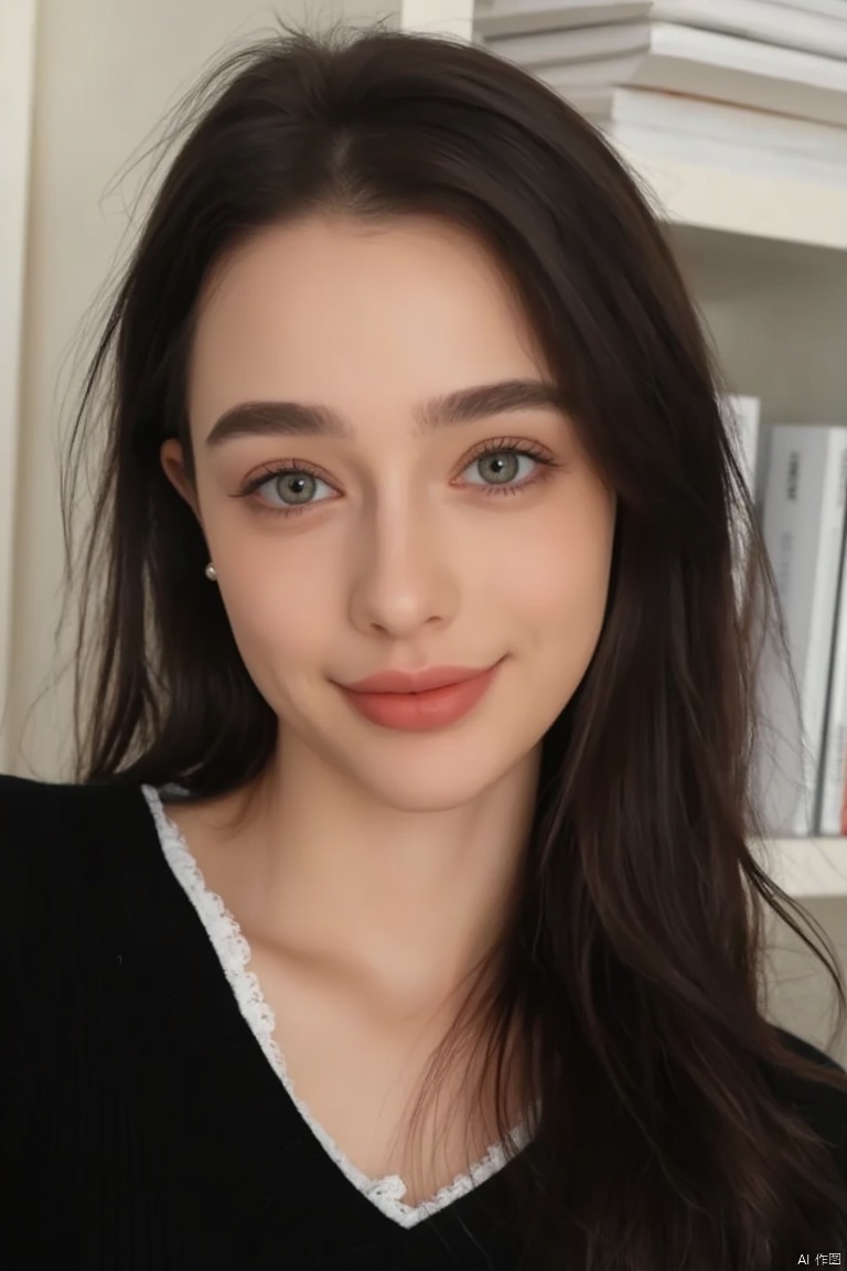 A close-up shot of a woman with long dark brown hair and blue eyes. She is wearing a black sweater with a white v-neck. Her hair is pulled back and cascades over her shoulders. Her eyes are a piercing blue. Her eyebrows are a light brown color. Her lips are a darker shade of pink. She has a slight smile on her face. Behind her is a stack of white books on a shelf.