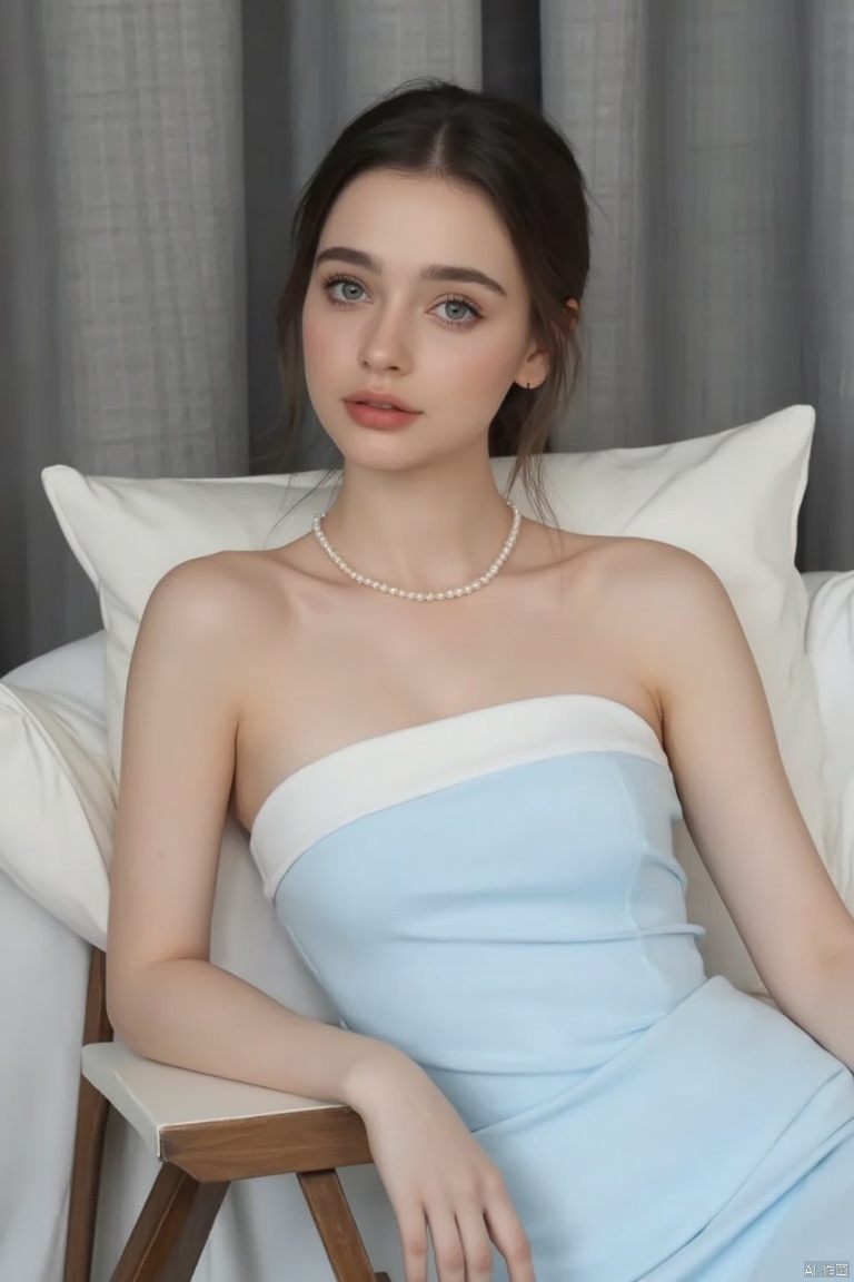 a young europe woman is seated on a white chair. She is wearing a light blue strapless dress with a white stripe down the center of her chest. Her hair is pulled back in a ponytail, and her eyes are a piercing blue. She has a pearl necklace around her neck, adding a touch of charm to her outfit. The backdrop is a gray curtain, and a white pillow is behind her.