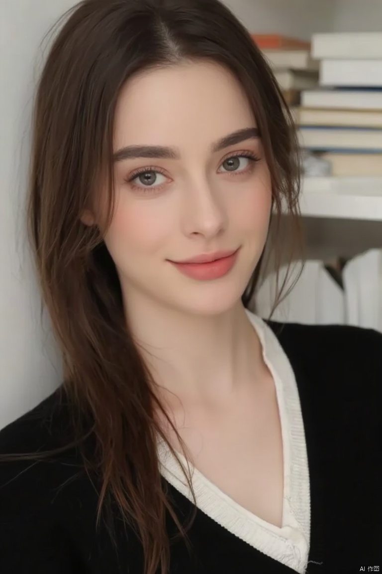 A close-up shot of a woman with long dark brown hair and blue eyes. She is wearing a black sweater with a white v-neck. Her hair is pulled back and cascades over her shoulders. Her eyes are a piercing blue. Her eyebrows are a light brown color. Her lips are a darker shade of pink. She has a slight smile on her face. Behind her is a stack of white books on a shelf.