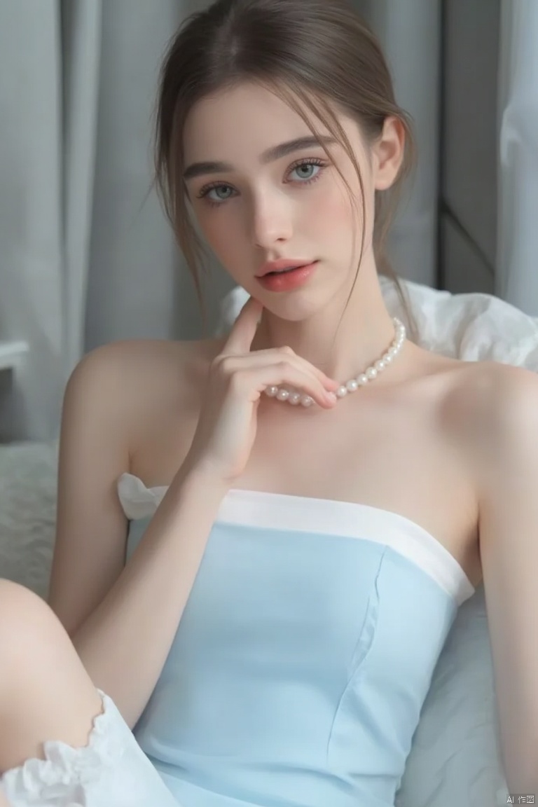 a young europe woman is seated on a white chair. She is wearing a light blue strapless dress with a white stripe down the center of her chest. Her hair is pulled back in a ponytail, and her eyes are a piercing blue. She has a pearl necklace around her neck, adding a touch of charm to her outfit. The backdrop is a gray curtain, and a white pillow is behind her.