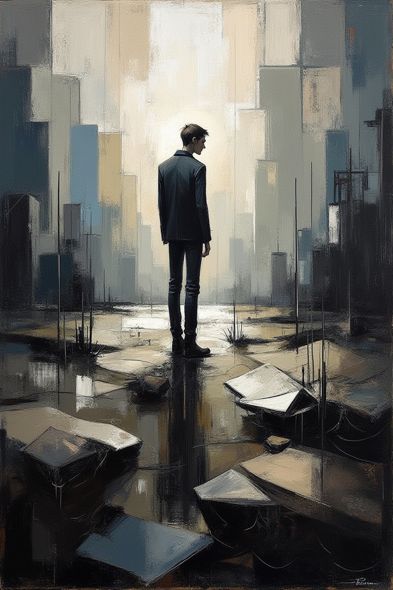 Neo-Expressionism: "A heavily textured painting of a lone figure standing in an abstract,  desolate landscape. The brushst...