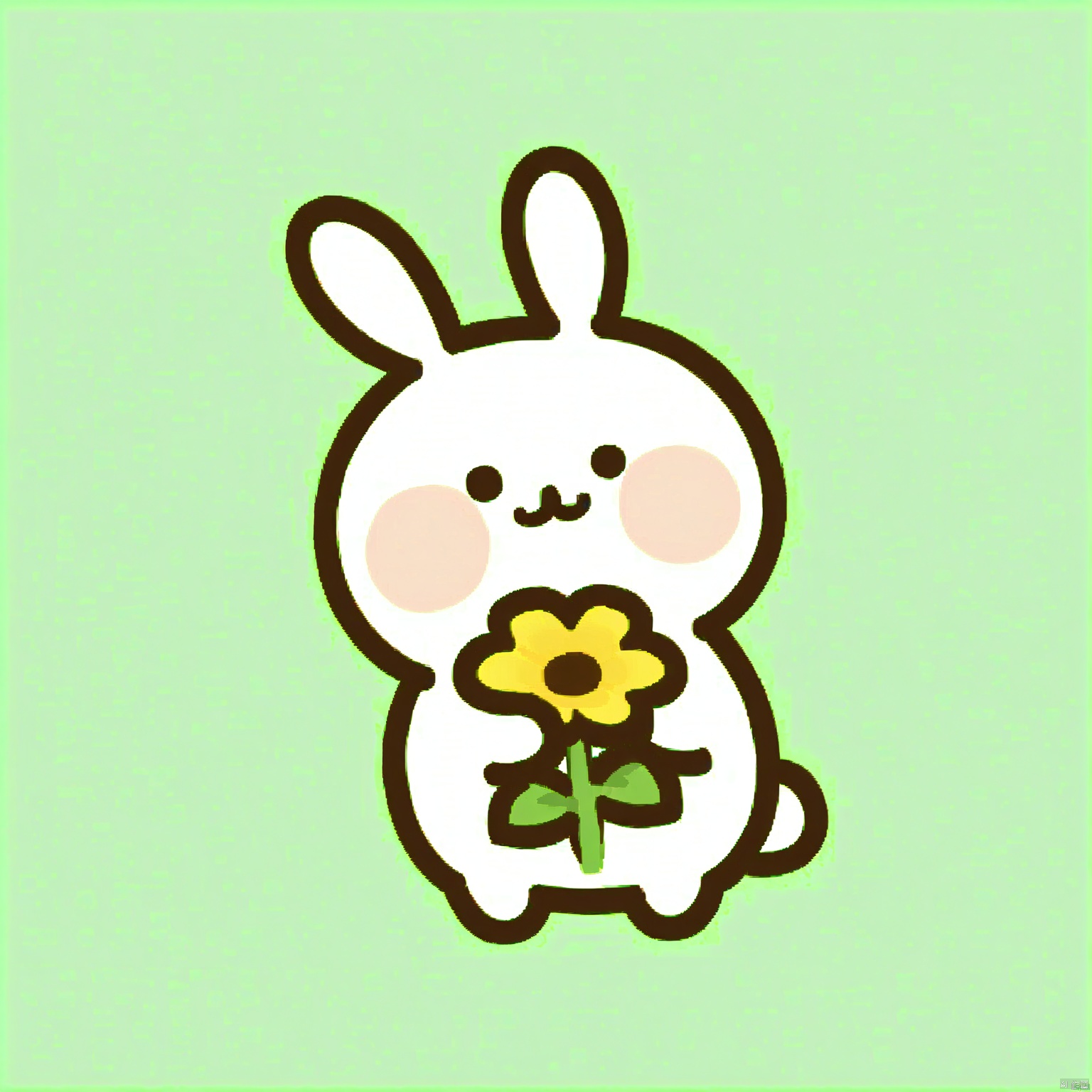bestquality, 1 white cartoon bunny, no human, solo, sweet smile, round cheeks, large black eyes, petite chubby body, cartoon, with a big bow, holding a flower, light green background.
