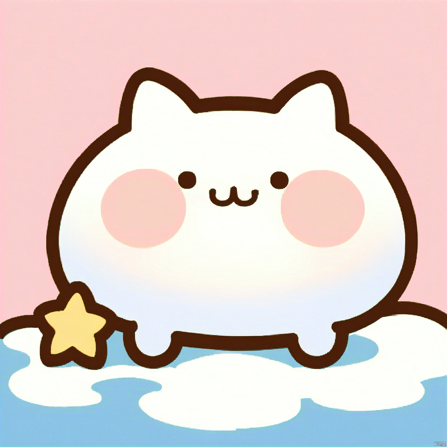 bestquality, 1 white cartoon cat, no human, solo, smile, round face, small black eyes, petite chubby body, cartoon, star, sitting in the cloud, light pink background.