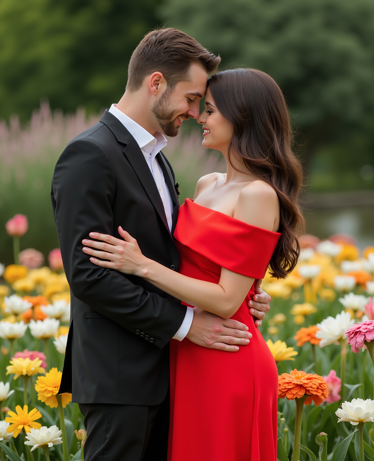 man and woman hugging,  the woman has a red pencil drees and the man has elegant clothes in the background a garden full o...