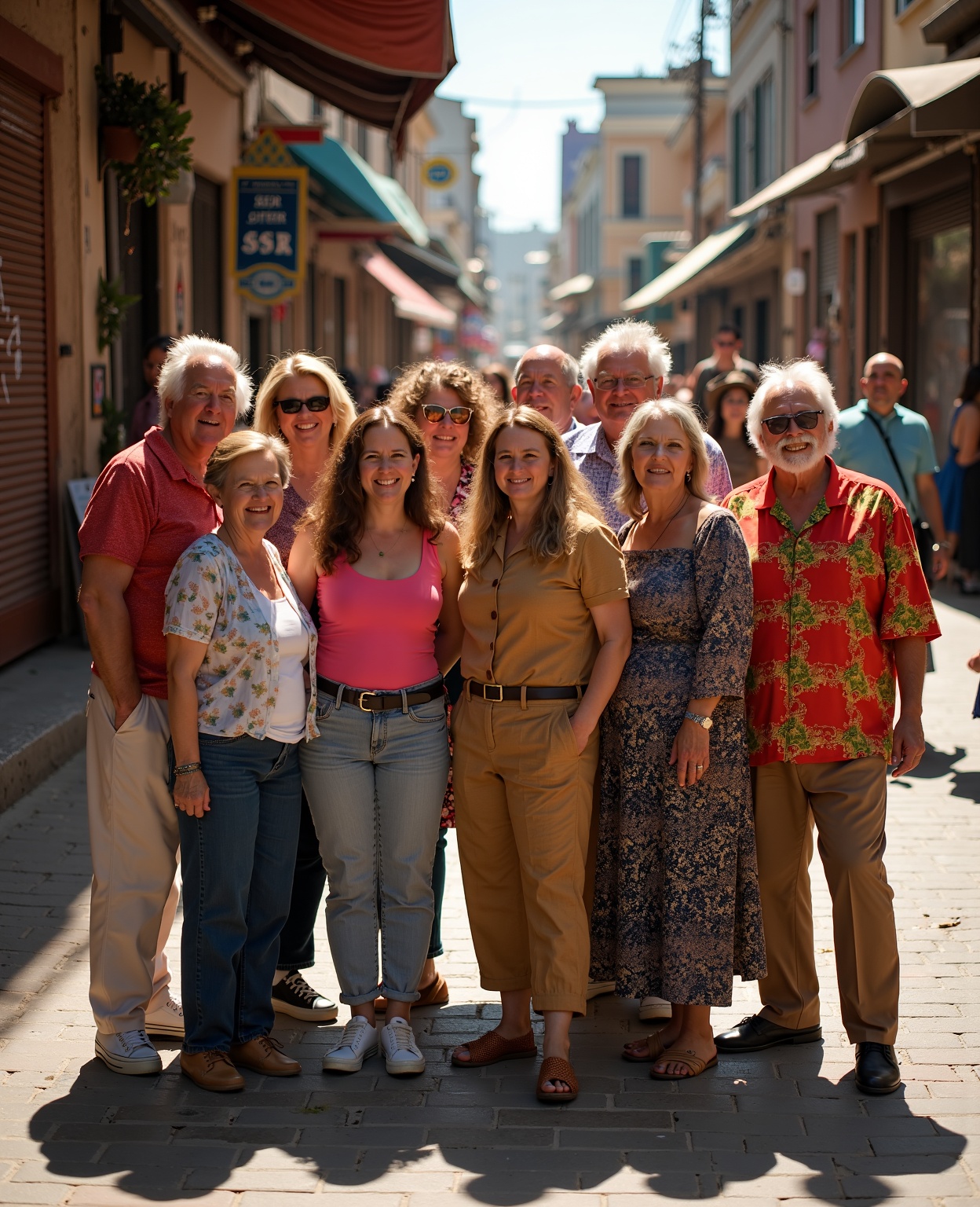 A vibrant street scene: A diverse group of women and men,  aged randomly,  with unique facial expressions and eclectic clo...