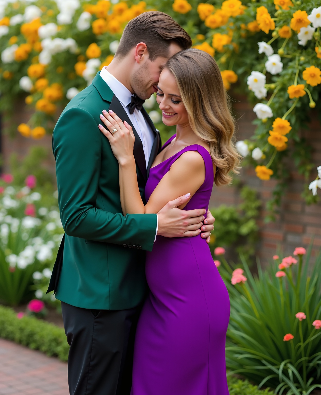 A warm and intimate moment is captured as the man and woman share a tender hug. The woman's bright purple pencil dress sta...