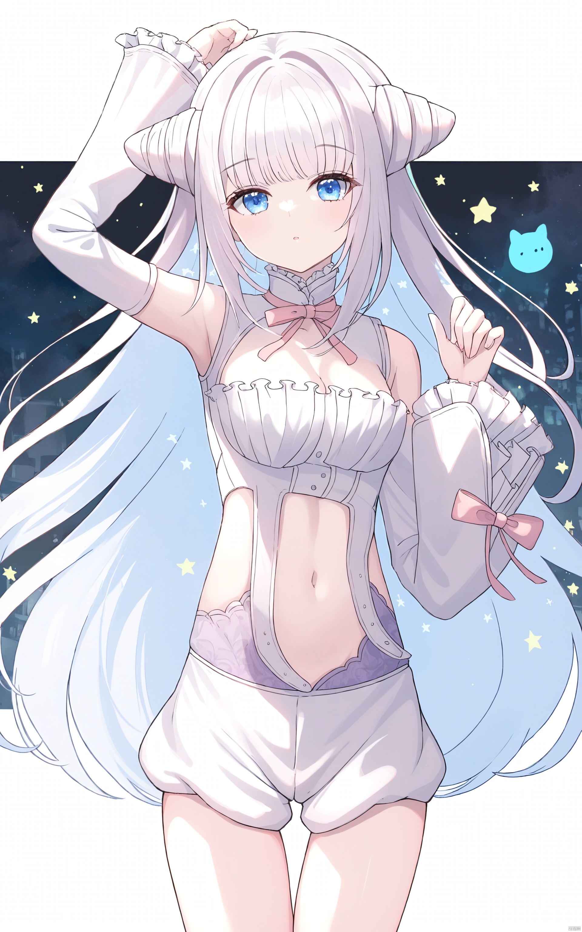 1girl, solo, long hair, breasts, looking at viewer, bangs, blue eyes, bow, navel, very long hair, white hair, frills, detached sleeves, shorts, virtual youtuber, arm up, clothing cutout, frilled sleeves, white shorts, navel cutout,white_night