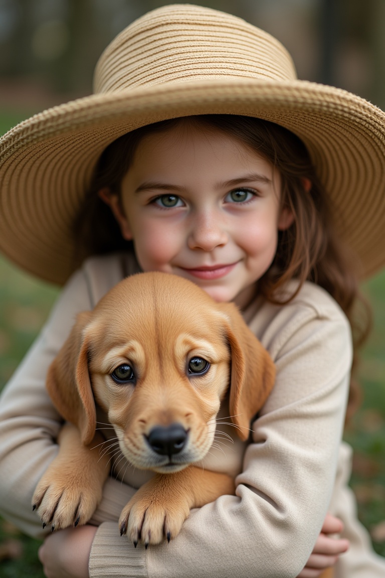 A cute little girl with big green eyes, florish large hat, smiling to camera, hugging a cute puppy. Ultra realistic photo.