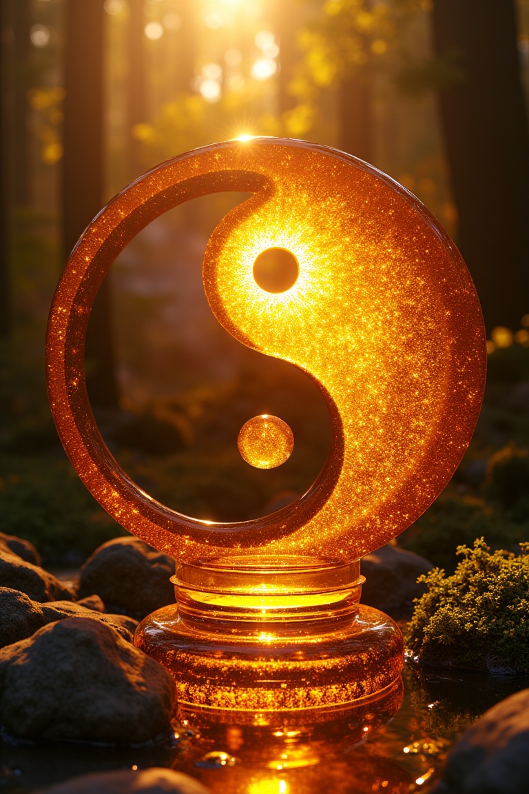 “Embrace the oneness formed by the duality of yin and yang. These interdependent opposites intertwine in a constant flow between nature and human life” . amber made . realistic . art piece . art gallery . beautiful soft light
