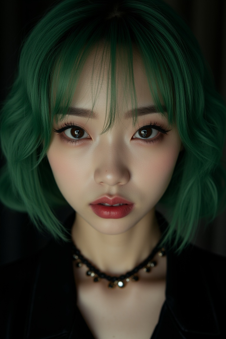 ((top quality)), ((masterpiece)), close portrait of a young gothic chinese girl with a  touch of punky, ((front view,)) With a black velvet unbuttoned shirt, with a rebellious appearance, black shaded eyes, green hair, intricate details, highly detailed light brown eyes, highly detailed mouth, cinematic image, illuminated by soft light,photo of perfecteyes eyes