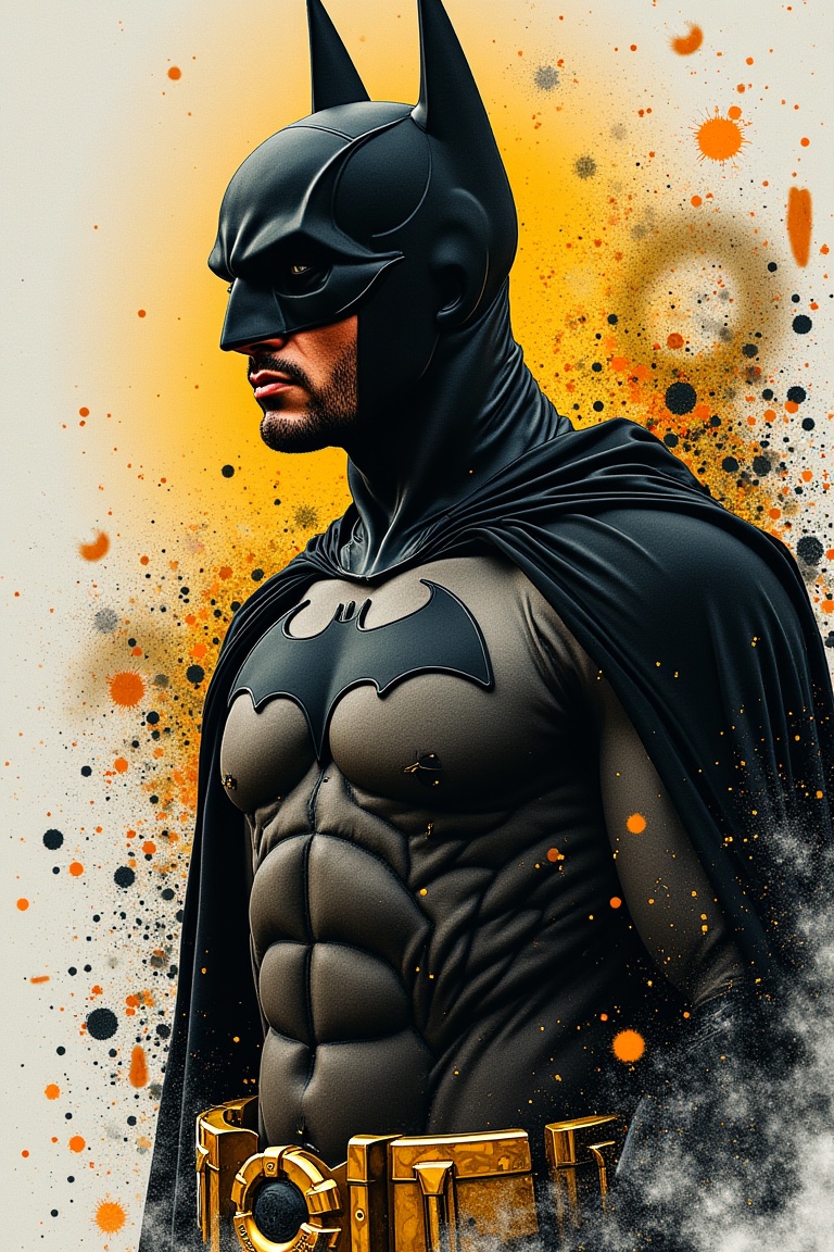 Batman, urban Comics, black and gold flag ornaments, Marvel, sci fi, highly technology, iconographic, glitch background, , watercolor, ink, mist, interactive image, highly detailed, art style by Clayton Crain + Ross Tran + Rachel Walpole + Jeszika Le Vye + Dan Volbert + Simon Stalenhag + Brian Stelfreeze