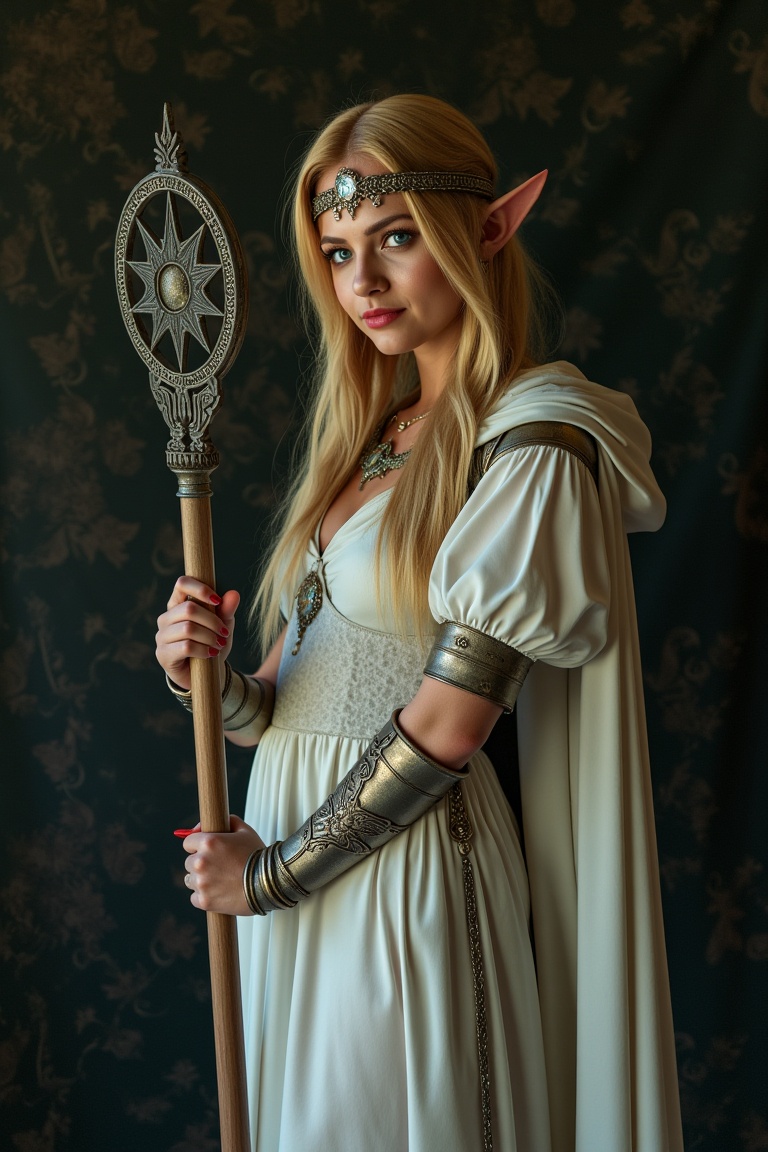 Mysterious Elf Maiden - A sultry pinup-inspired artwork depicts a striking blonde-elf woman solo, indoors, with long hair cascading down her back, framing her enigmatic smile and piercing blue eyes that lock onto the viewer's gaze. She stands confidently in front of a dark, ornate backdrop, adorned in a flowing white dress with armor-like details, a hooded cape billowing behind her like mist. Her pointy ears and delicate earrings showcase her elven heritage. In one hand, she holds a staff, its intricate design glistening like the watermark on her circlet, adding mystique to this enchanting scene.