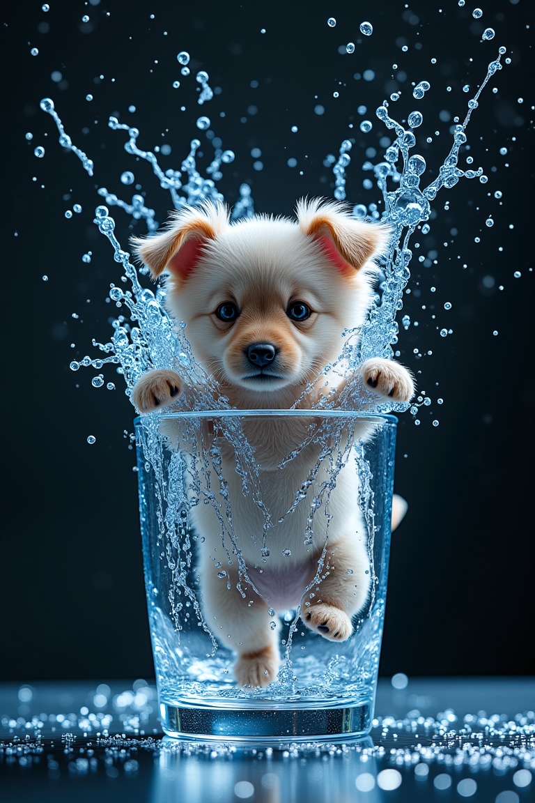 Ultra realistic illustration. Macro view,water explosion on a glass, scattering of water particles as flow of electricity, scattering water drops over the glass, a small cute puppy is inside the glass, amazing details, perfect lighting and  reflections, unreal engine 5, RTX on, ultra HD, 8k, intricate, masterpiece