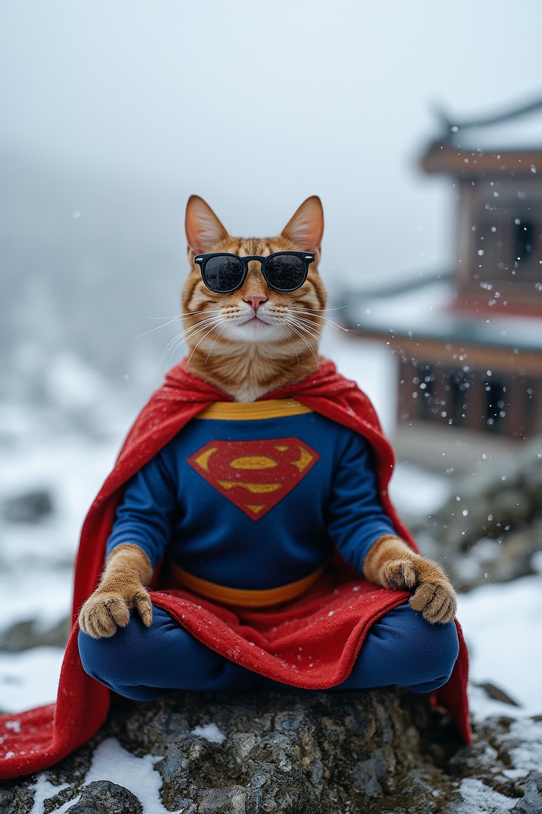 A British-bred cat, sitting in a meditation pose like a human, wearing round sunglasses and a Superman costume. He sits high in the mountains of the Himalayas. Front view. It is snowing all around and there is ancient Chinese wooden architecture.