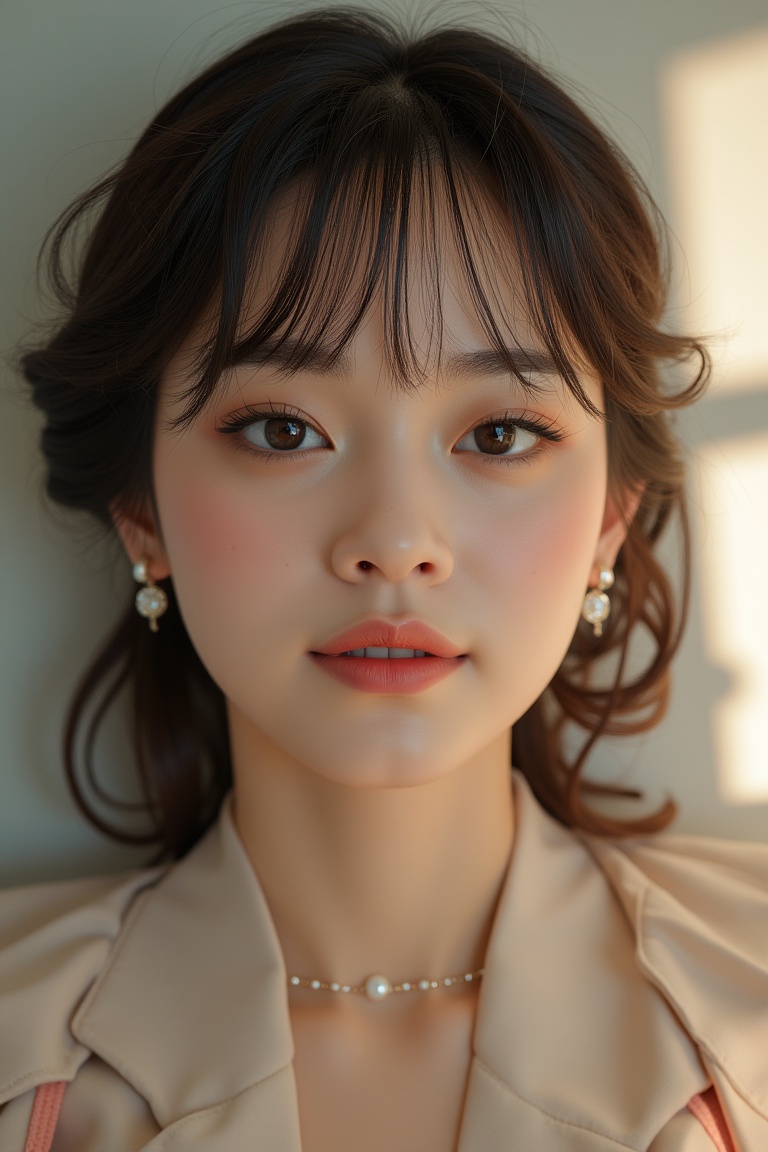 Beautiful, soft light, (beautiful and delicate eyes), very detailed, pale skin, big smile, (long hair), dreamy, medium chest, female 1, ((front shot)), bangs, soft expression, height 170, elegant , Bright smile, 8k art photo, photorealistic concept art, realistic, person, small necklace, small earrings, fantasy, jewelry, shyness, dreamy soft image, masterpiece, ultra high resolution, skirt, shirt, jacket, color , (both eyes (He gently closes his eyes, raises his head slightly, and appears absorbed in pleasant thoughts),dragon