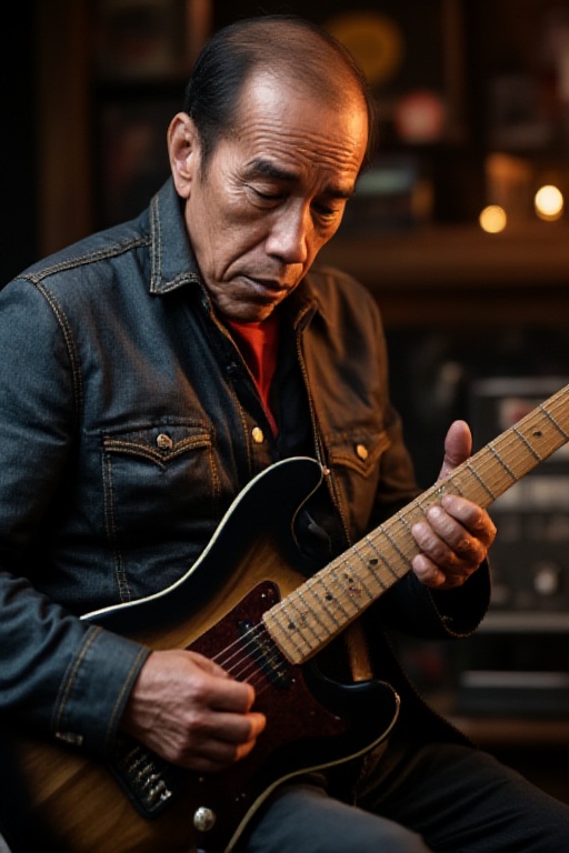 old man wrinkled guitarist,  black hair,  worn down by time's toll on Tensor.Art