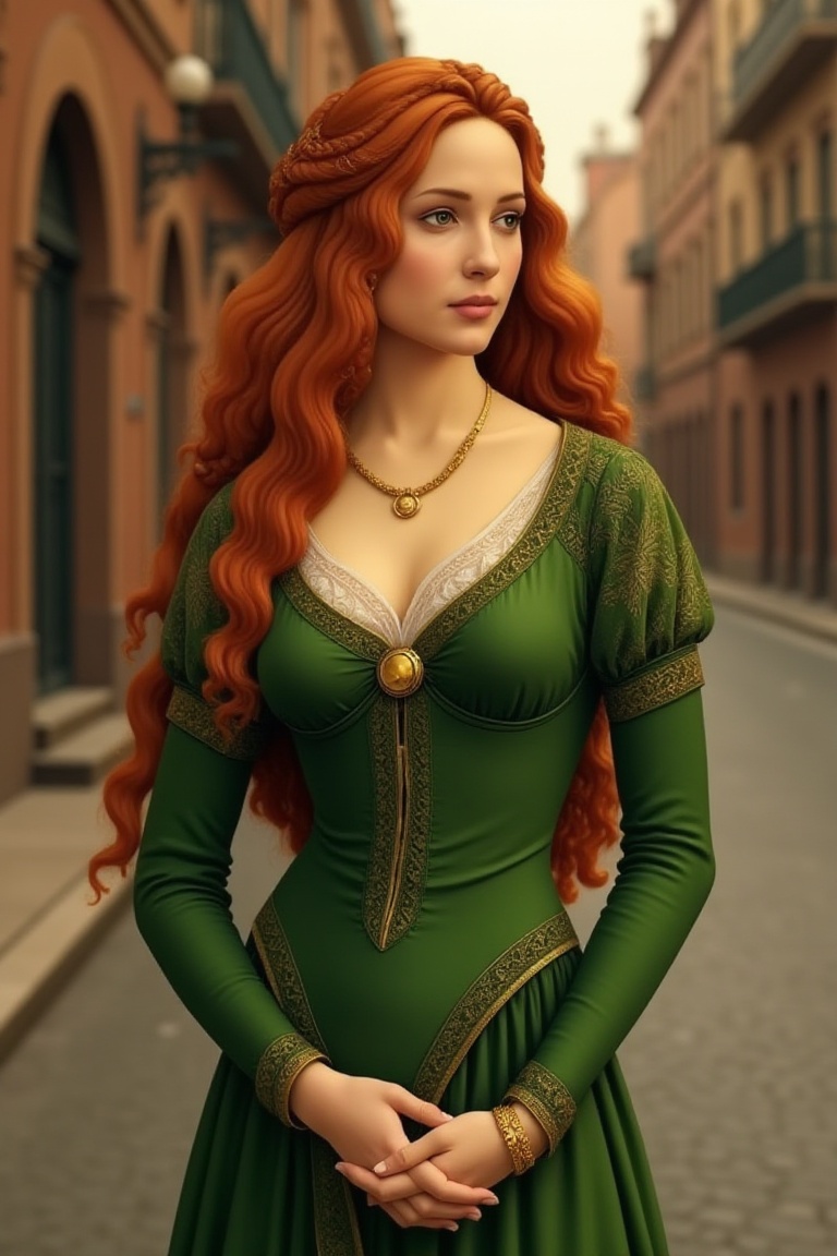 Create photograph of a young woman with long,  braided red hair standing gracefully. She wears a green dress adorned with...
