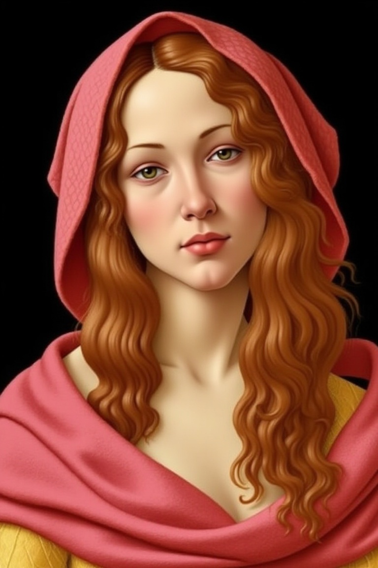 The image depicts a highly detailed and realistic portrait of a woman with long,  wavy,  reddish-brown hair. She is wearin...