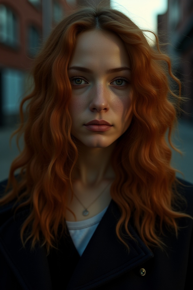 Create a portrait of a young woman with amber hair,  capturing her intense and complex expression. The background should b...