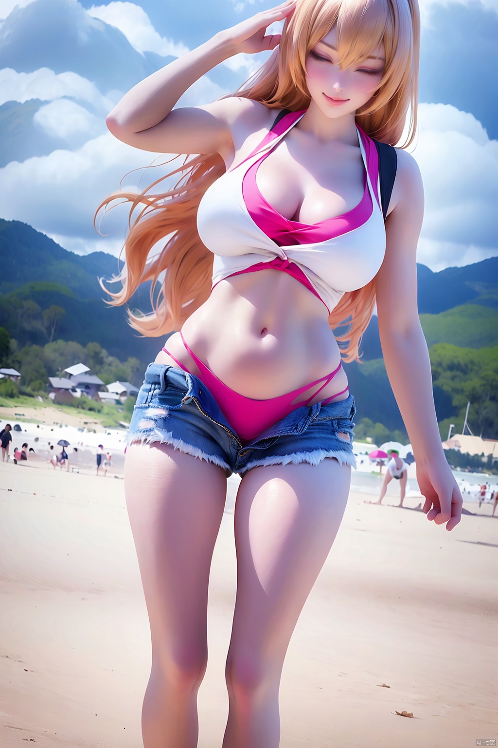 1girl solo long hair smile blonde hair brown hair navel swimsuit closed eyes bikini outdoors shorts midriff bag short shorts denim denim shorts pink bikini