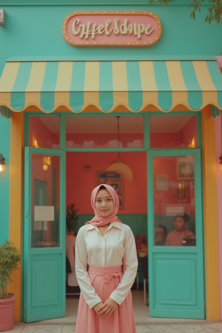 A whimsical moment unfolds: A Malay woman,  resplendent in her understated hijab,  loose shirt on Tensor.Art