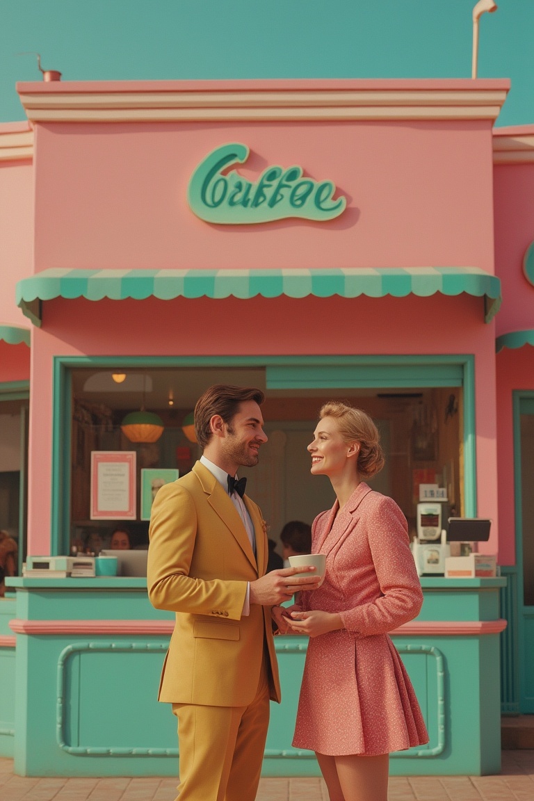 A Wes Anderson-style scene featuring a man and a woman standing in front of a quaint coffee shop. The shot is framed in a...