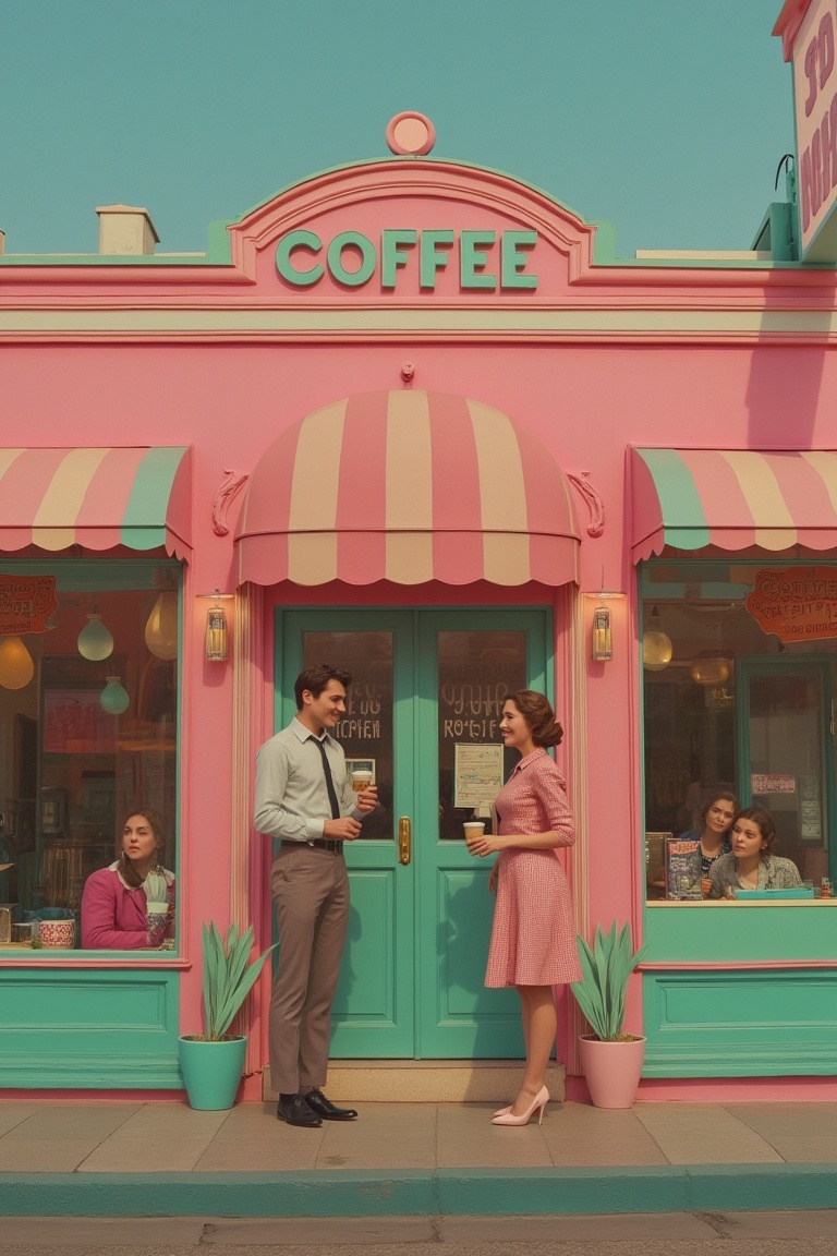 A Wes Anderson-style scene featuring a man and a woman standing in front of a quaint coffee shop. The shot is framed in a...