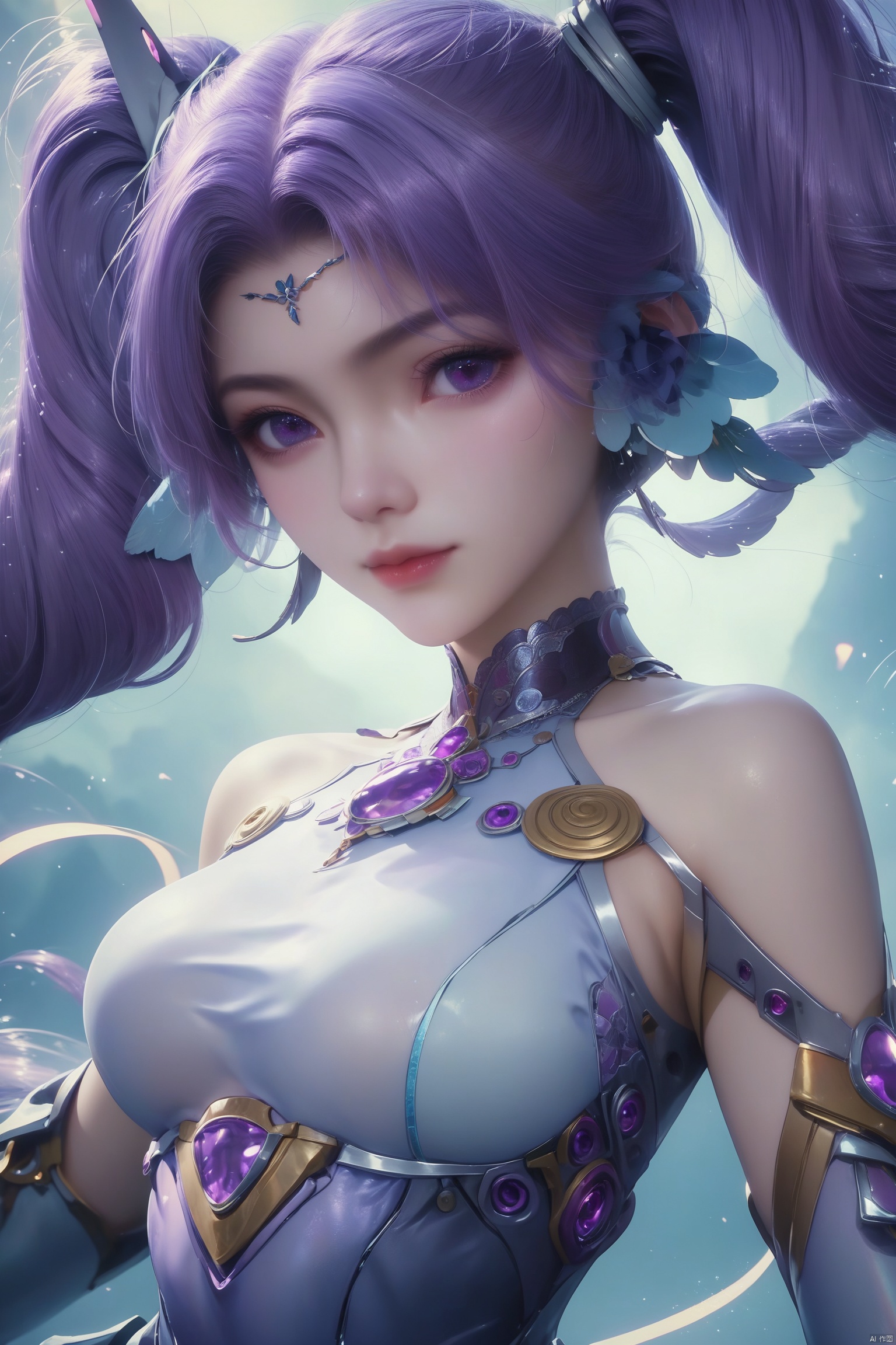 score_9, score_8_up, score_7_up,highly detailed digital,1girl, solo, long hair, looking at viewer, twintails, jewelry, purple eyes, purple hair,,She has pale, almost translucent skin,1girl,aichen