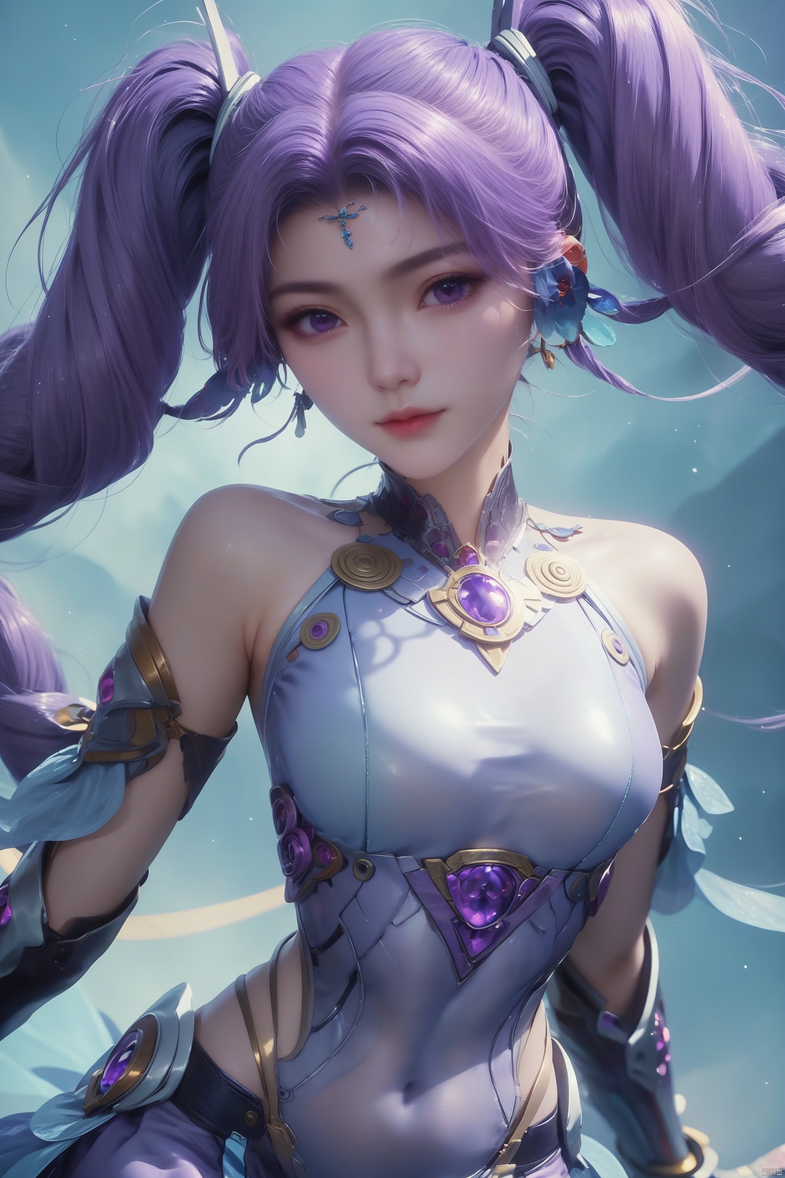 score_9, score_8_up, score_7_up,highly detailed digital,1girl, solo, long hair, looking at viewer, twintails, jewelry, purple eyes, purple hair,,She has pale, almost translucent skin,1girl,aichen