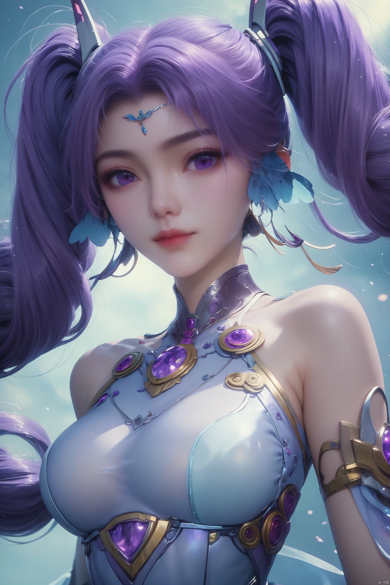 score_9, score_8_up, score_7_up,highly detailed digital,1girl, solo, long hair, looking at viewer, twintails, jewelry, purple eyes, purple hair,,She has pale, almost translucent skin,1girl,aichen