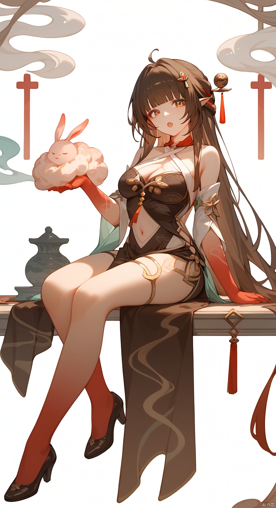 (score_9,score_8_up,score_7_up), (masterpiece),( beautiful),(high quality),(finely detailed),extremely detailed CG unity 8k wallpaper,best quality, 
1girl, solo, long hair, breasts, looking at viewer, open mouth, bangs, simple background, brown hair, black hair, hair ornament, white background, dress, navel,  cleavage, medium breasts, ahoge, high heels, brown dress, clothing cutout, thighlet, navel cutout, chinese clothes, detached sleeves, china dress, red hands, red feet, colored extremities, criss-cross halter, criss-cross strips, gradient skin, pointy ears, sitting, full body,lingshaSR