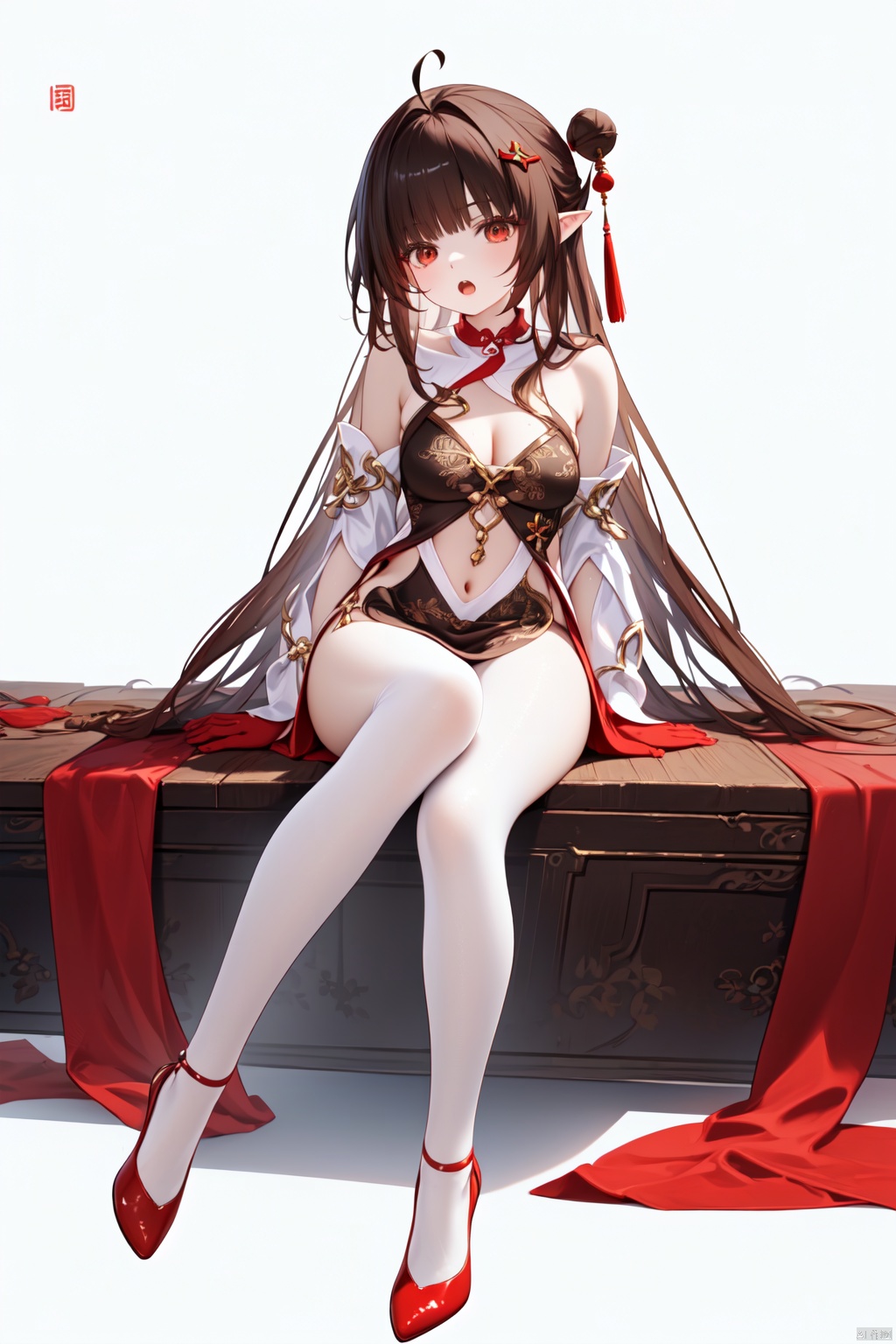 (score_9,score_8_up,score_7_up), (masterpiece),( beautiful),(high quality),(finely detailed),extremely detailed CG unity 8k wallpaper,best quality, 
1girl, solo, long hair, breasts, looking at viewer, open mouth, bangs, simple background, brown hair, black hair, hair ornament, white background, dress, navel,  cleavage, medium breasts, ahoge, high heels, brown dress, clothing cutout, thighlet, navel cutout, chinese clothes, detached sleeves, china dress, red hands, ((red feet)), colored extremities, criss-cross halter, criss-cross strips, gradient skin, pointy ears, sitting, full body,lingshaSR