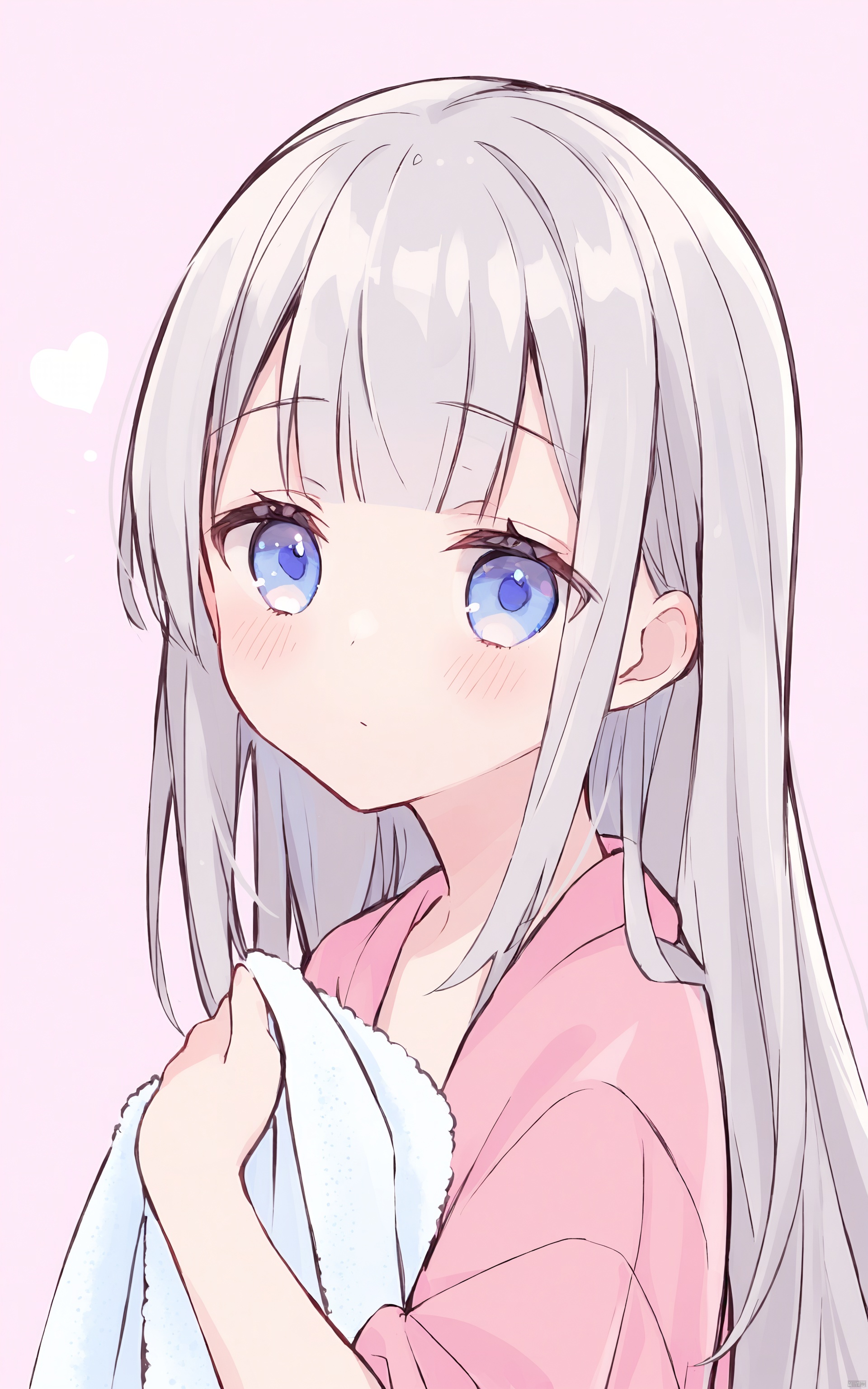 1girl, solo, long hair, looking at viewer, blush, bangs, blue eyes, closed mouth, upper body, grey hair, pink background, towel