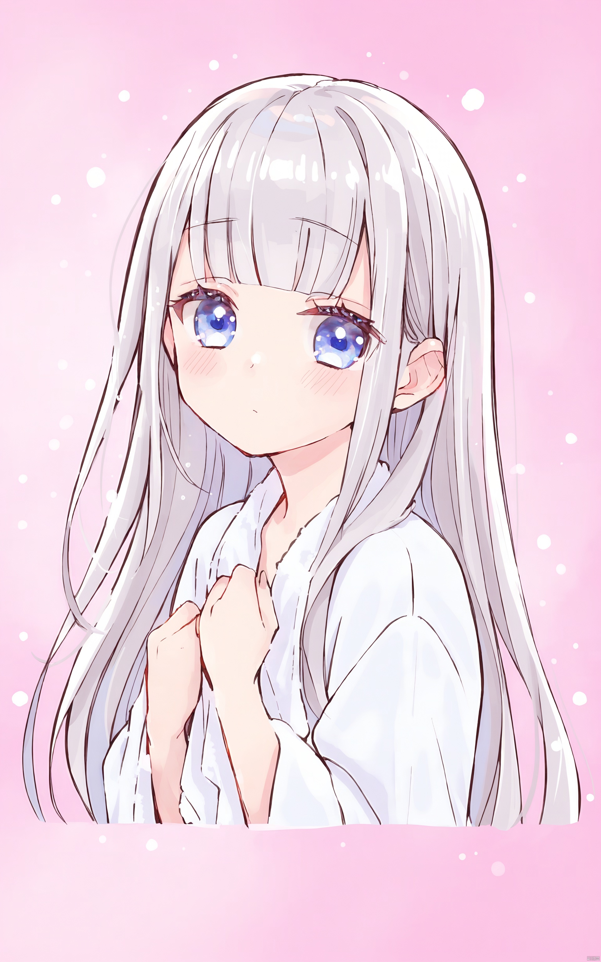 1girl, solo, long hair, looking at viewer, blush, bangs, blue eyes, closed mouth, upper body, grey hair, pink background, towel