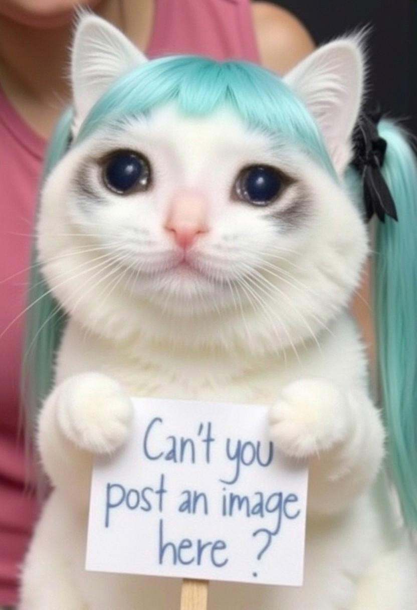 a white ragdoll crying cat with Hatsune Miku Teal Hair,  holding sign with text "Can't you post an image here?" on Tensor.Art