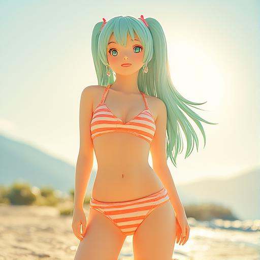 close up of very sexy Hatsune Miku in stripe bikini,  beach sun,  warm atmosphere on Tensor.Art